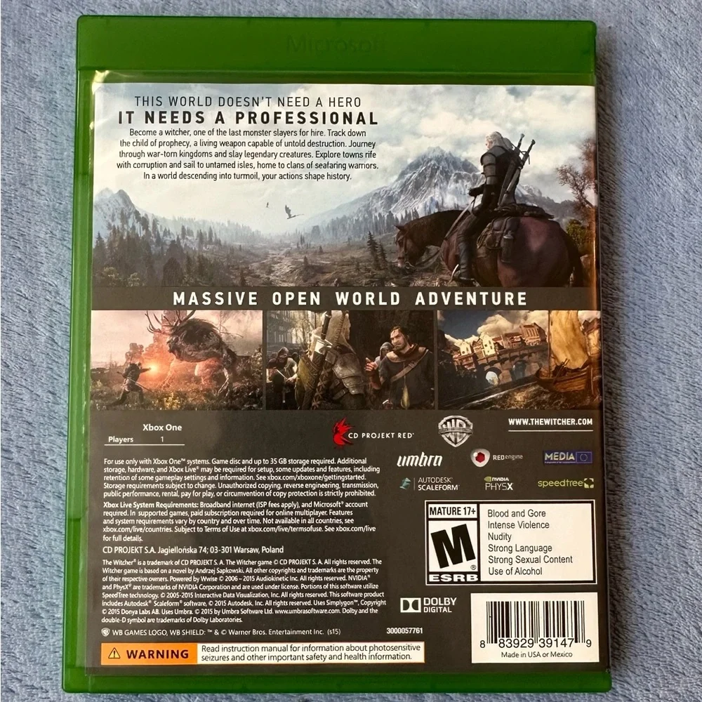 The Witcher•Wild Hunt•Xbox One•First-person action/adventure•monster hunt slayer